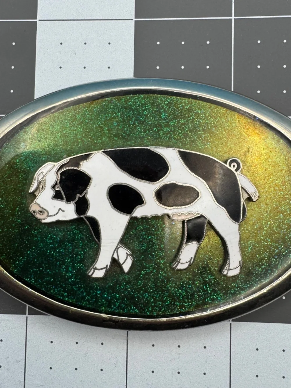 Vintage MCBI Spotted Pig Green Sparkly Enamel Inlay Silver Tone Belt Buckle